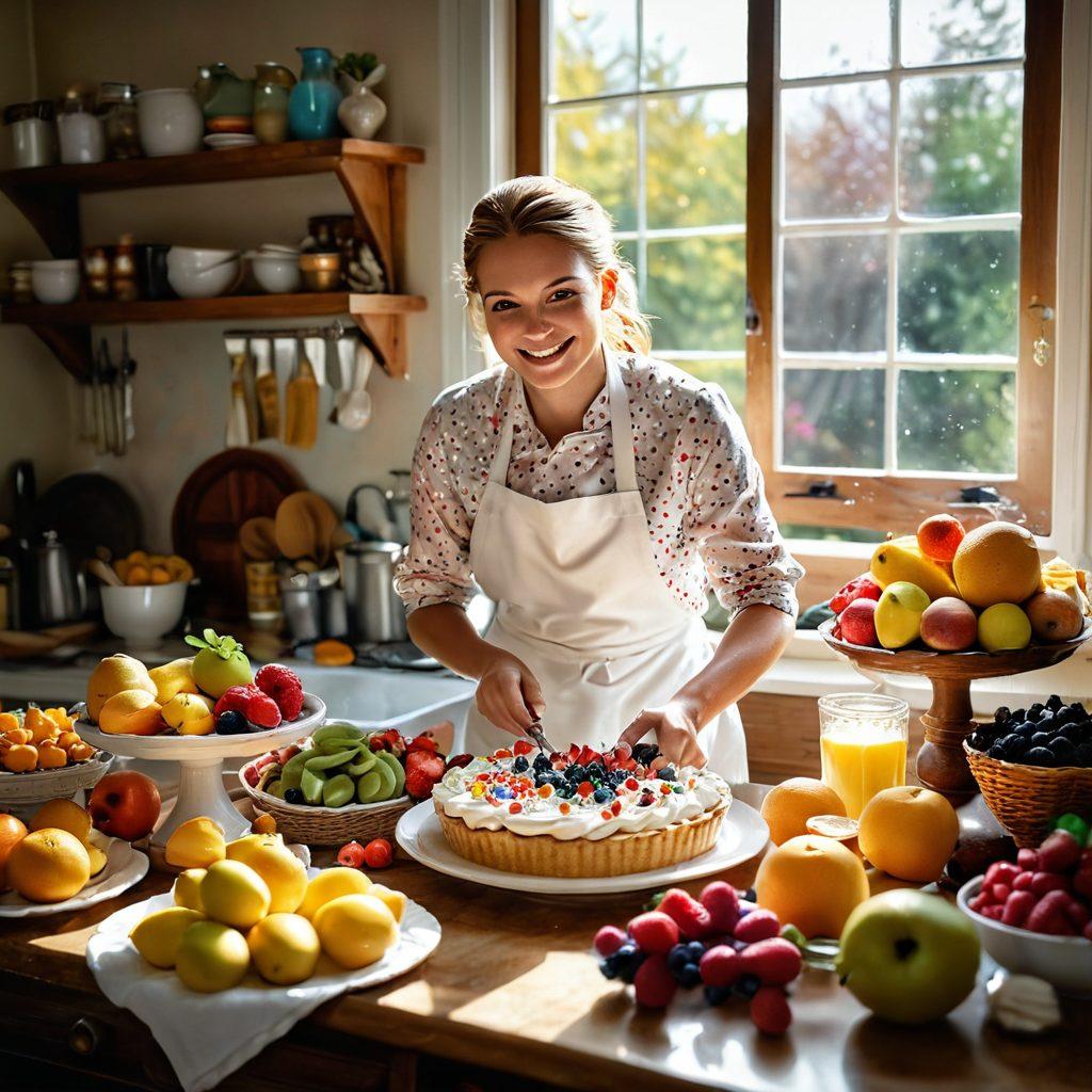 A cozy kitchen scene featuring a baker joyfully preparing an extravagant cream pie, with vibrant colors and rich textures. The table is adorned with a variety of fresh fruits, whipped cream, and colorful sprinkles, while a warm sunbeam streams through a window illuminating the delicious chaos. The atmosphere conveys warmth, happiness, and creativity. painting. vibrant colors. soft focus.