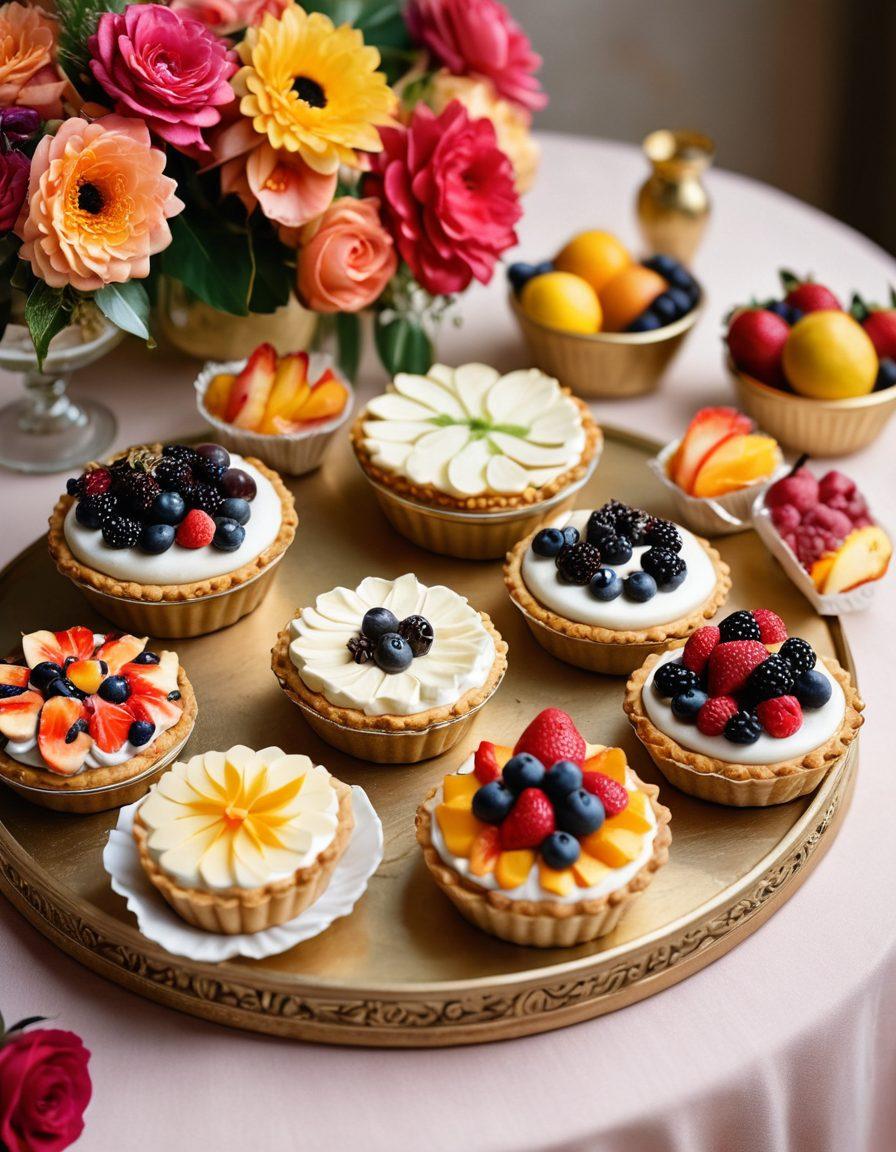 A beautifully arranged dessert table featuring a variety of luxurious cream pies, each with unique toppings like fresh fruits, chocolate shavings, and edible gold leaf. The background should be a soft, pastel color to enhance the desserts' vibrant colors, with delicate floral arrangements adding to the elegance. Soft natural lighting highlights the textures and details of the pies. The scene should exude indulgence and creativity. super-realistic. vibrant colors. soft pastel background.