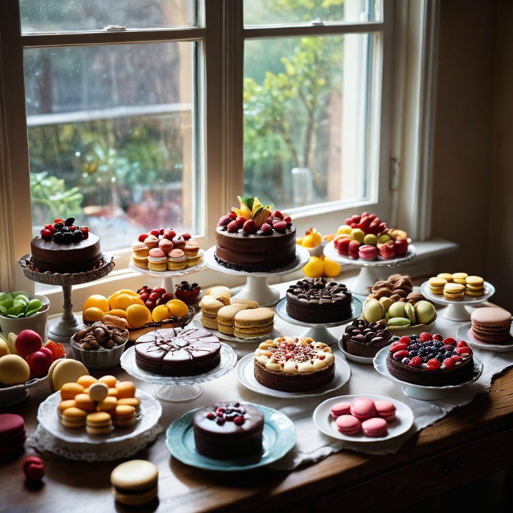 A beautifully arranged table filled with a variety of decadent desserts like rich chocolate cake, colorful macarons, and vibrant fruit tarts, all set in a cozy kitchen environment. Soft, natural sunlight streaming through a window enhances the warm, inviting atmosphere. Incorporate bits of flour and baking tools scattered around, showcasing a homey baking scene. whimsical, bright colors. soft focus.